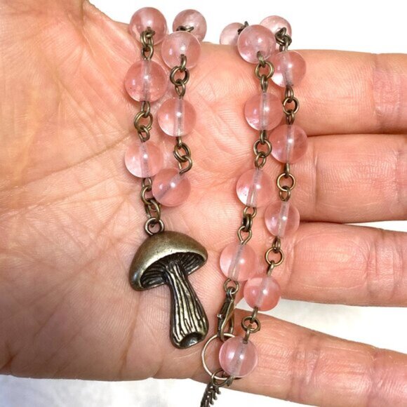 Cute Cherry Quartz Bronze Slim Mushroom Pendant Adjustable Choker - Picture 16 of 16